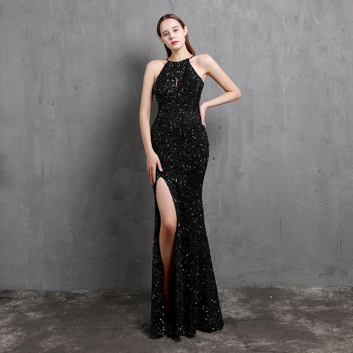Sequin Halter Neck Keyhole High Split Mermaid Maxi Gown - View 9