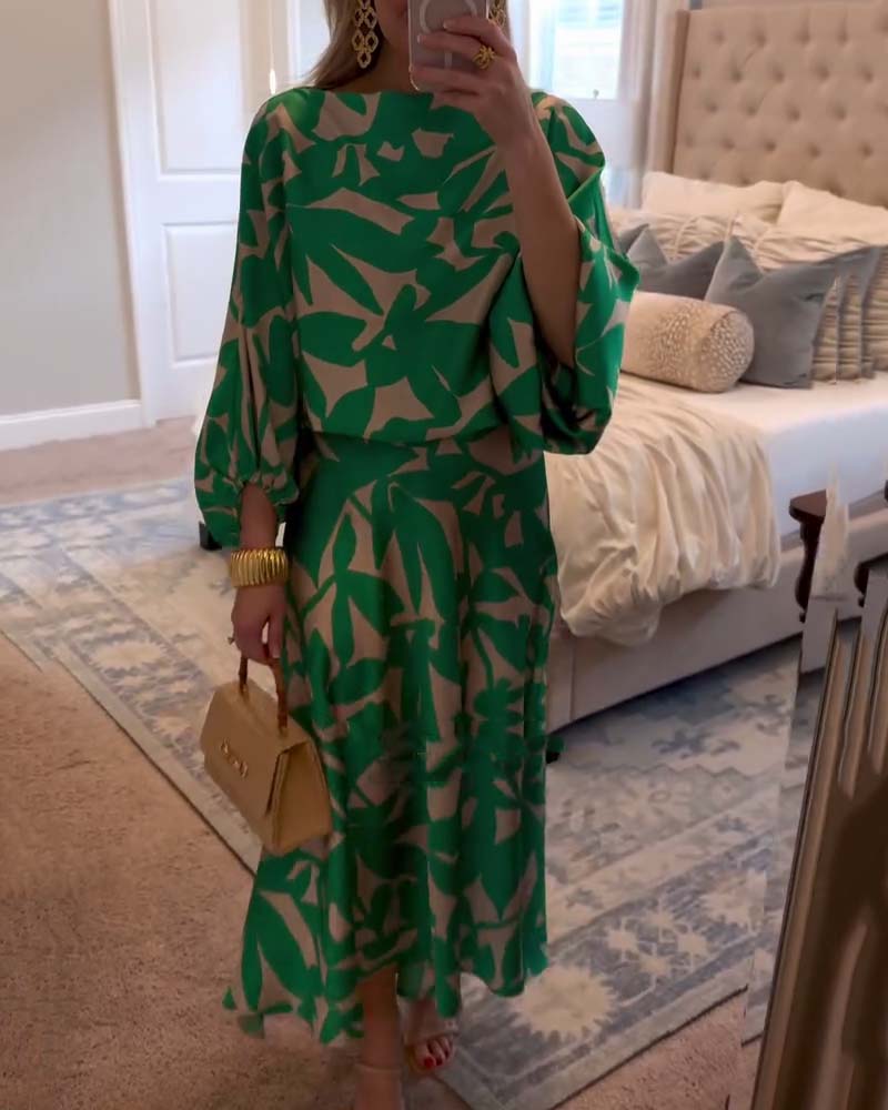Abstract Print Lantern Sleeve Top and Midi Skirt Two Piece Set