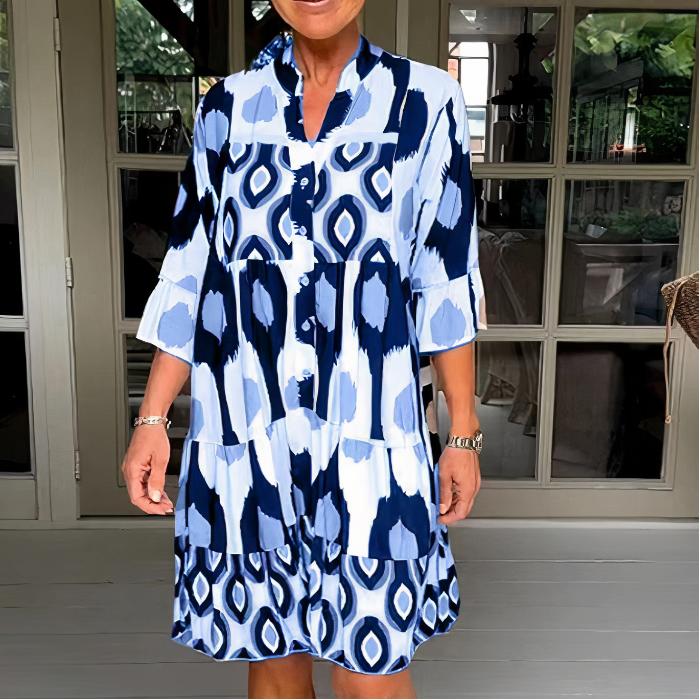 Tiered Mandarin Collar Button Front Three Quarter Sleeve Ruffle Cuff Midi Summer Dress