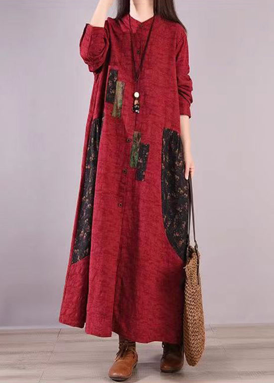 Linen Stand Collar Button Front Patchwork Panel Pocket Maxi Dress