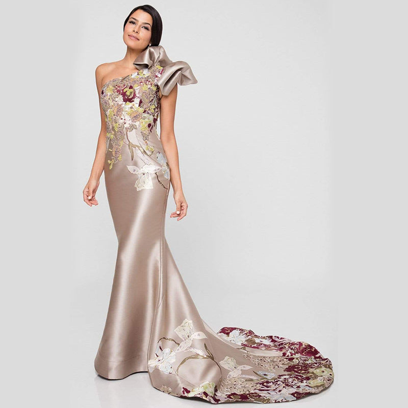Spring Summer Women Elegant Sexy Dress Cocktail Annual Meeting Backless Print Embroidered Dress