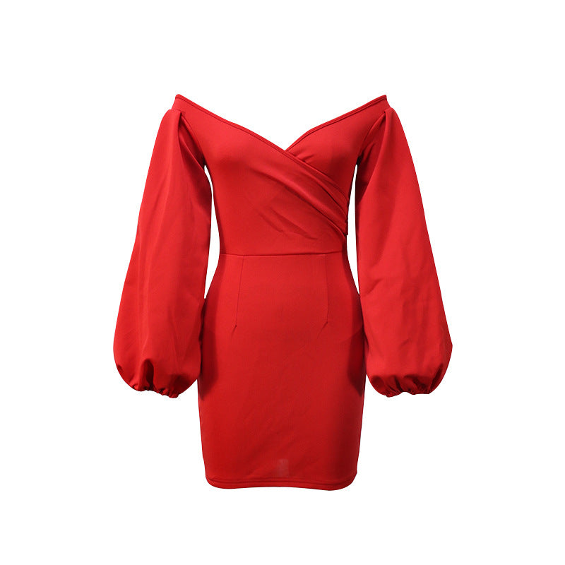 Satin Off Shoulder Surplice Neck Puff Sleeve Bodycon Mini Dress 4