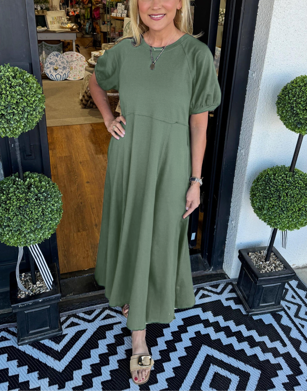 Round Neck Puff Sleeve Fit and Flare Midi Dress