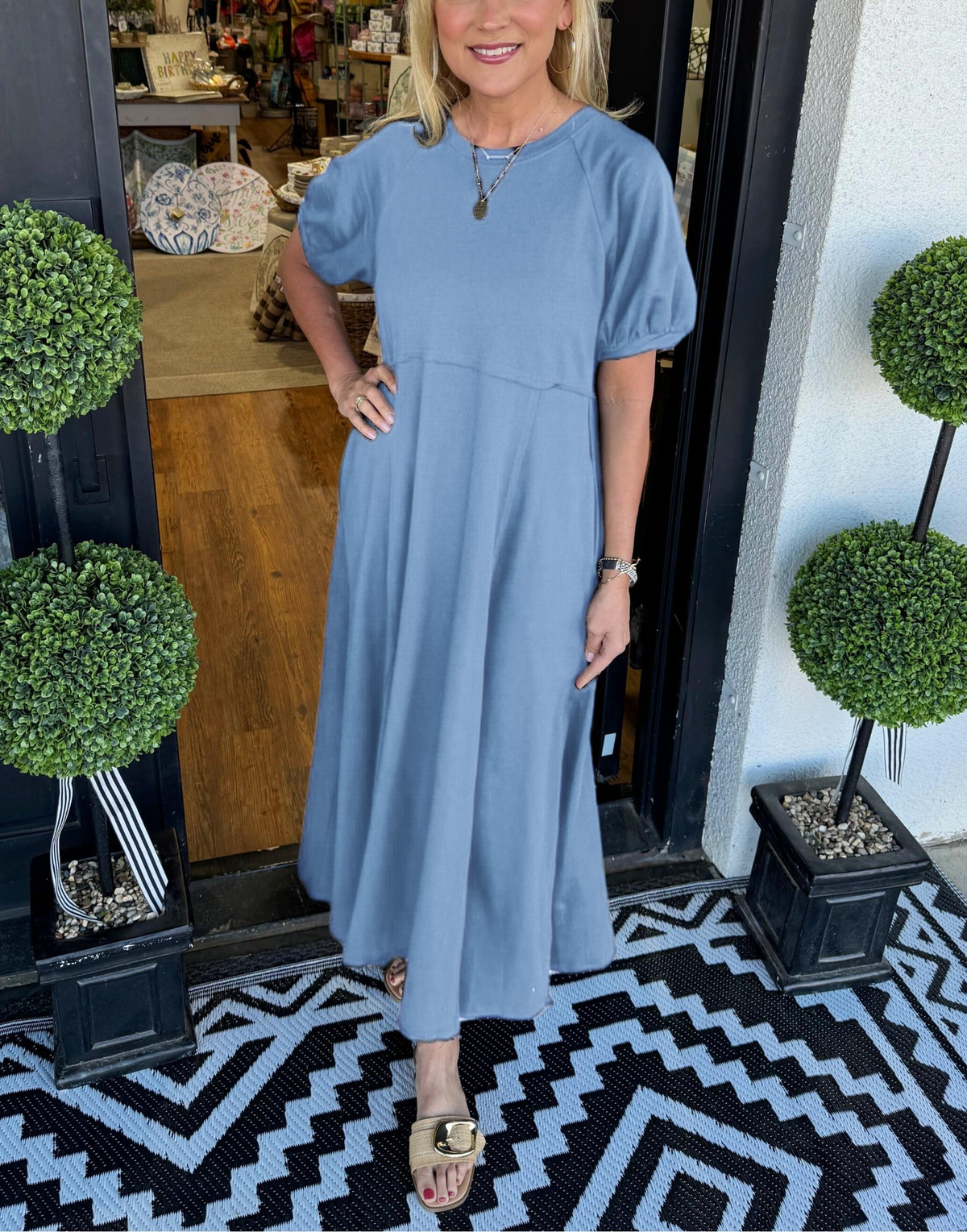 Round Neck Puff Sleeve Fit and Flare Midi Dress