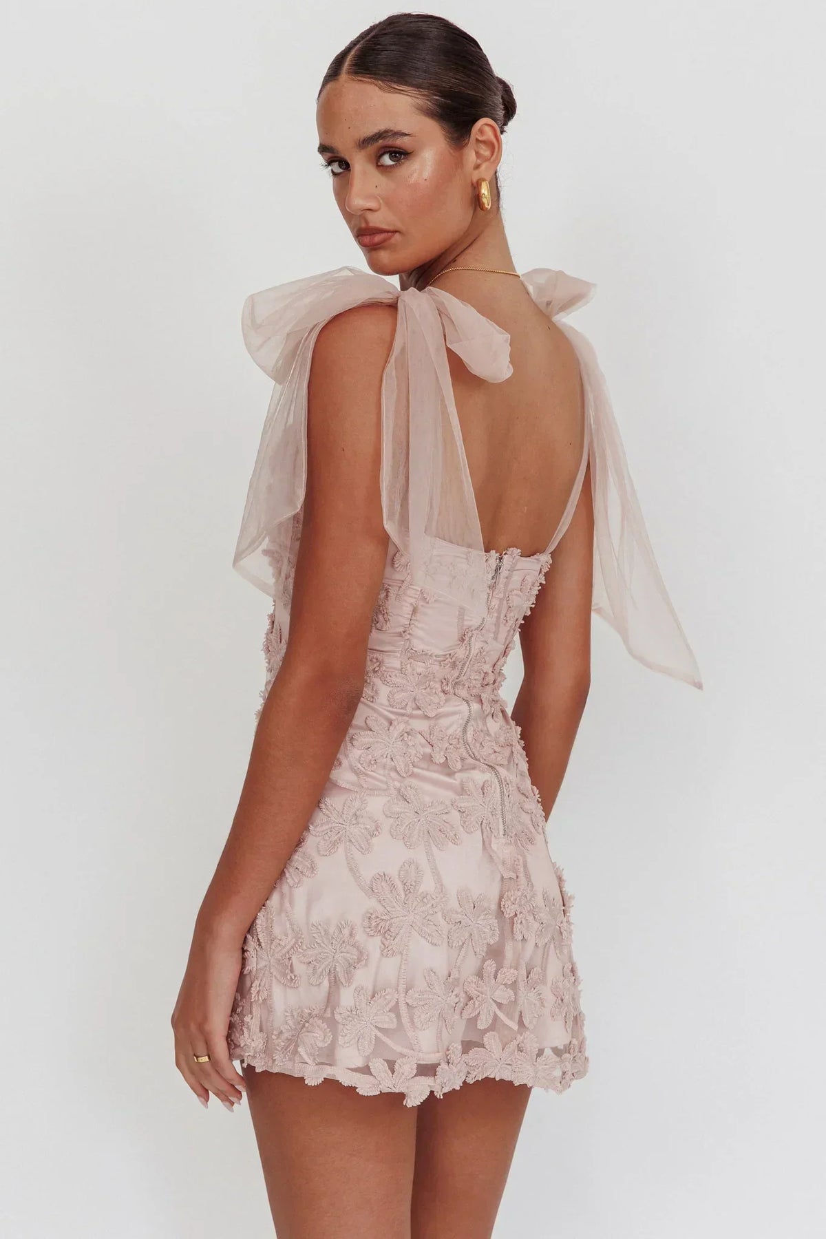 3D Floral Applique Tulle Tie Shoulder V-Neck Mini Dress 3