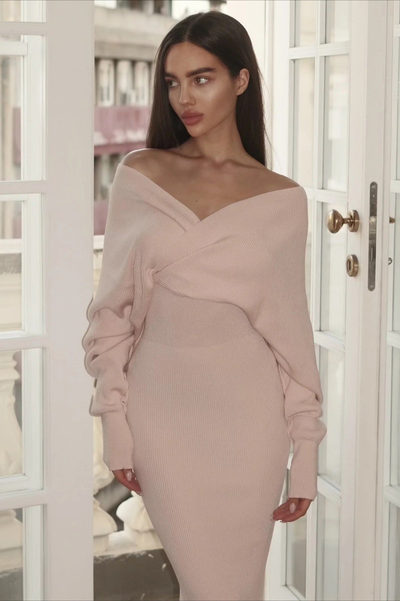 Deep V Backless Knit Sweater Dress