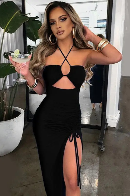 Alluring Halter Backless Cut Out Slit Maxi Dress