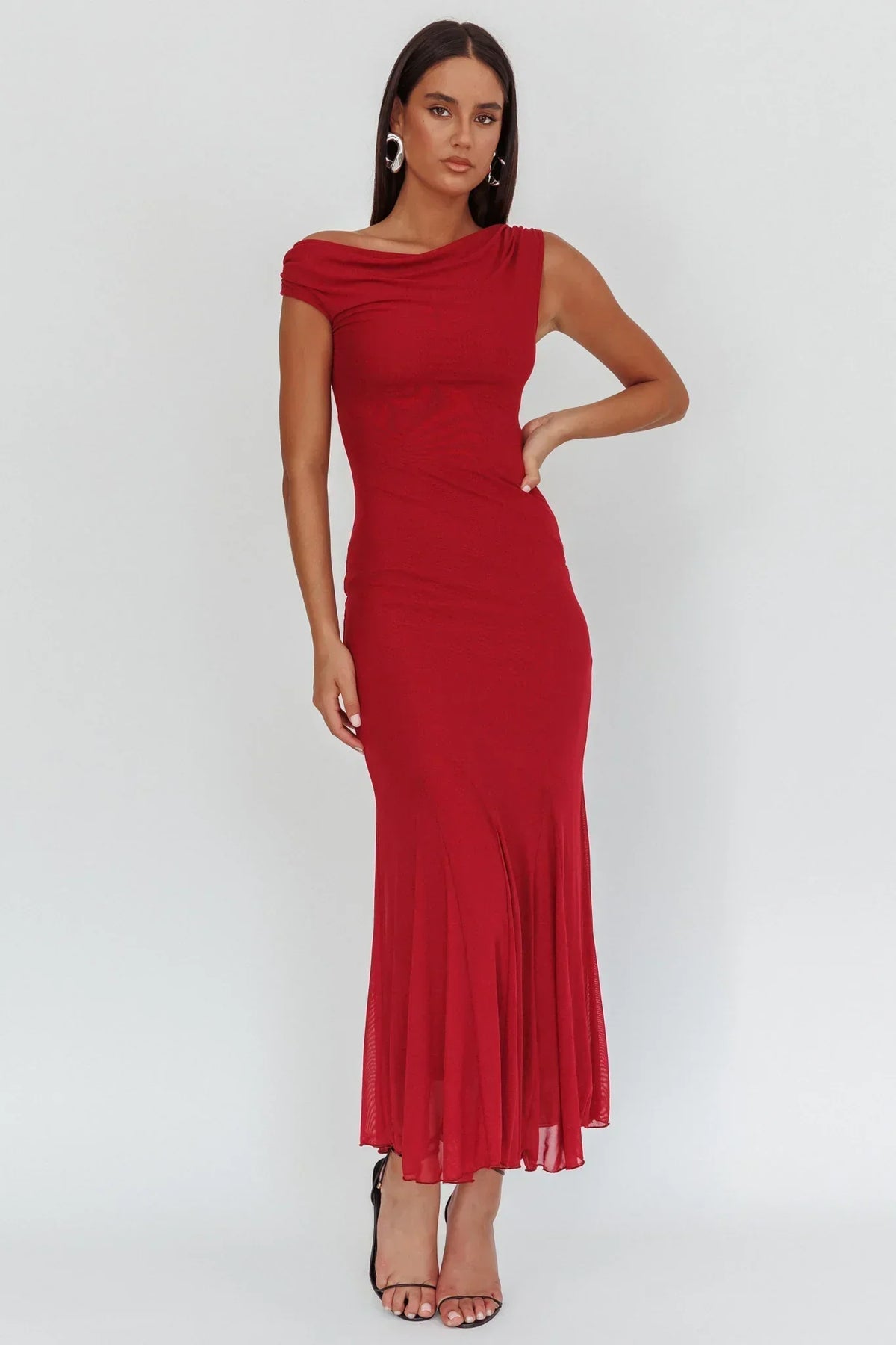 Mesh Asymmetric Off Shoulder Godet Hem Fitted Maxi Dress