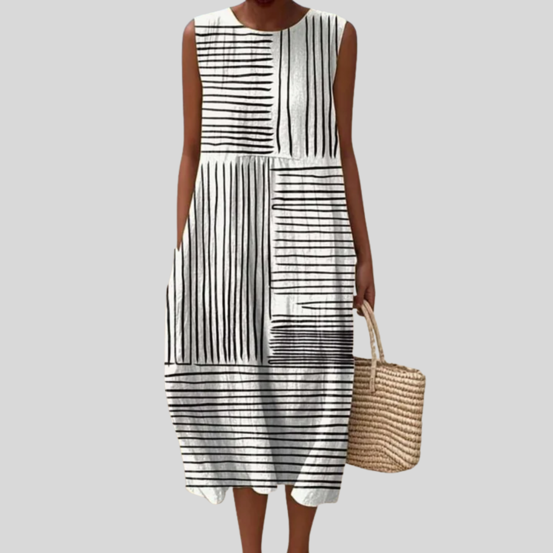 Abstract Stripe Print Round Neck Sleeveless Midi Dress