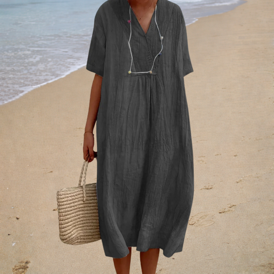 Linen Look V-Neck Short Sleeve Loose Beach Maxi Dress