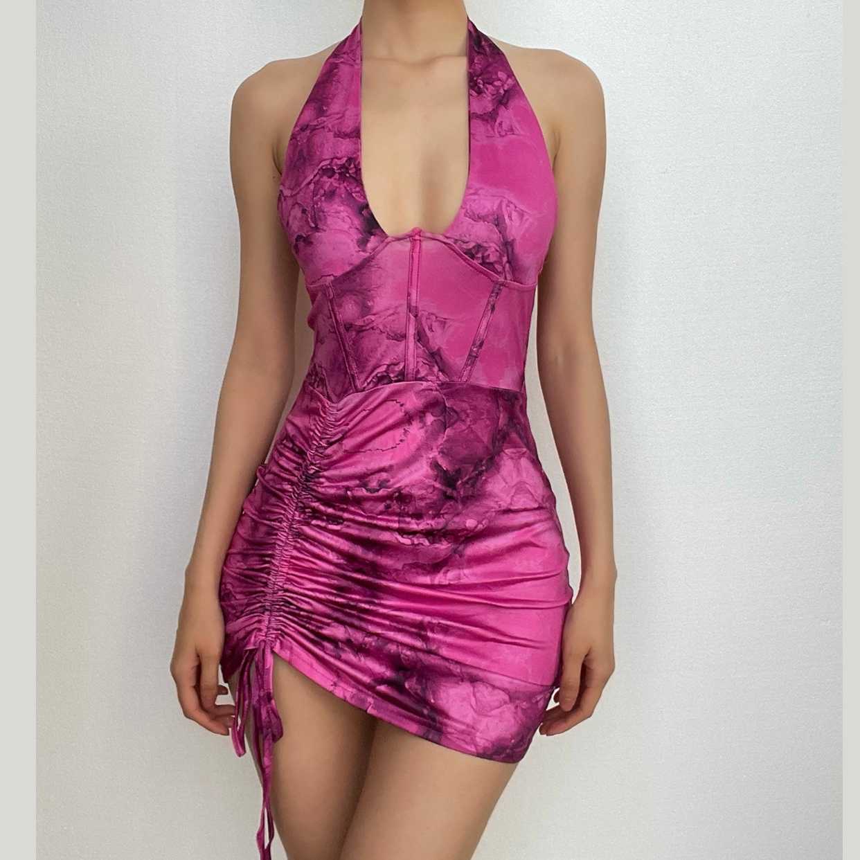 Halter Neck Corset Ruched Drawstring Backless Bodycon Mini Dress