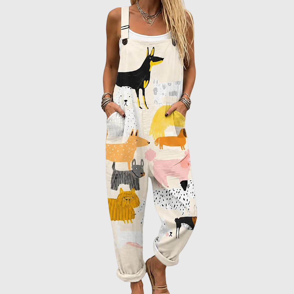Dog Print Sleeveless Pocket Wide Leg Overall Jumpsuit
