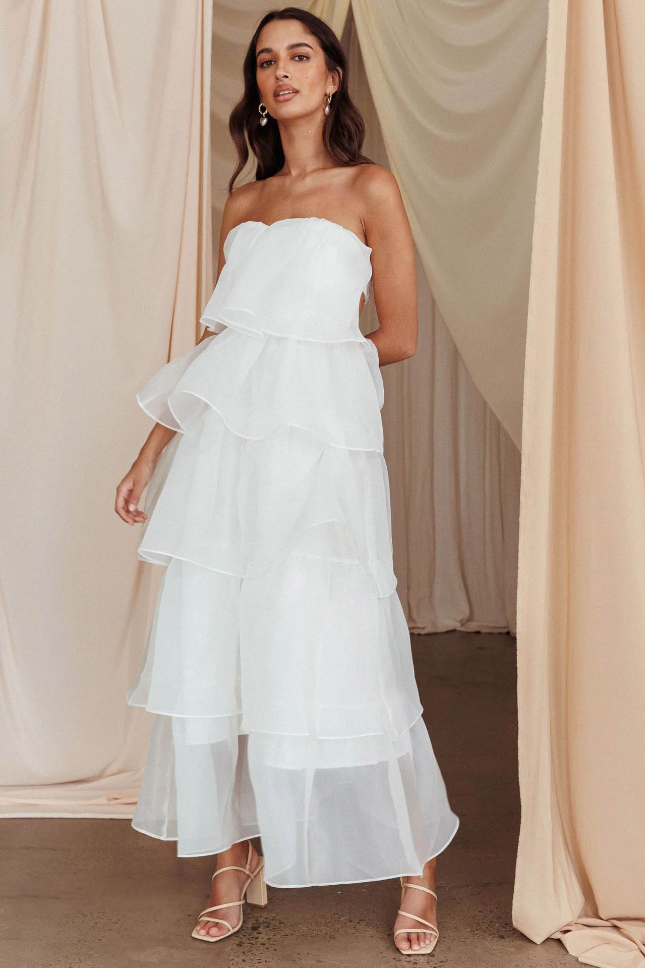 Strapless Backless Tiered Ruffle Organza Maxi Dress