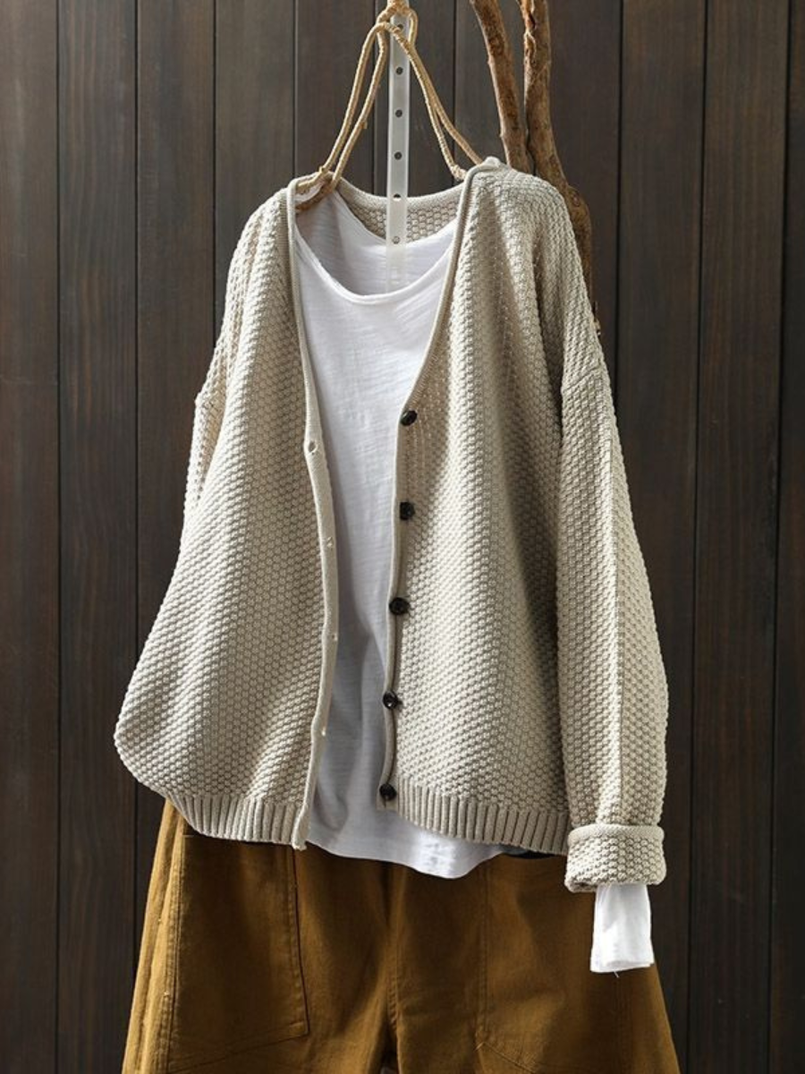 V-Neck Button Front Waffle Knit Cardigan