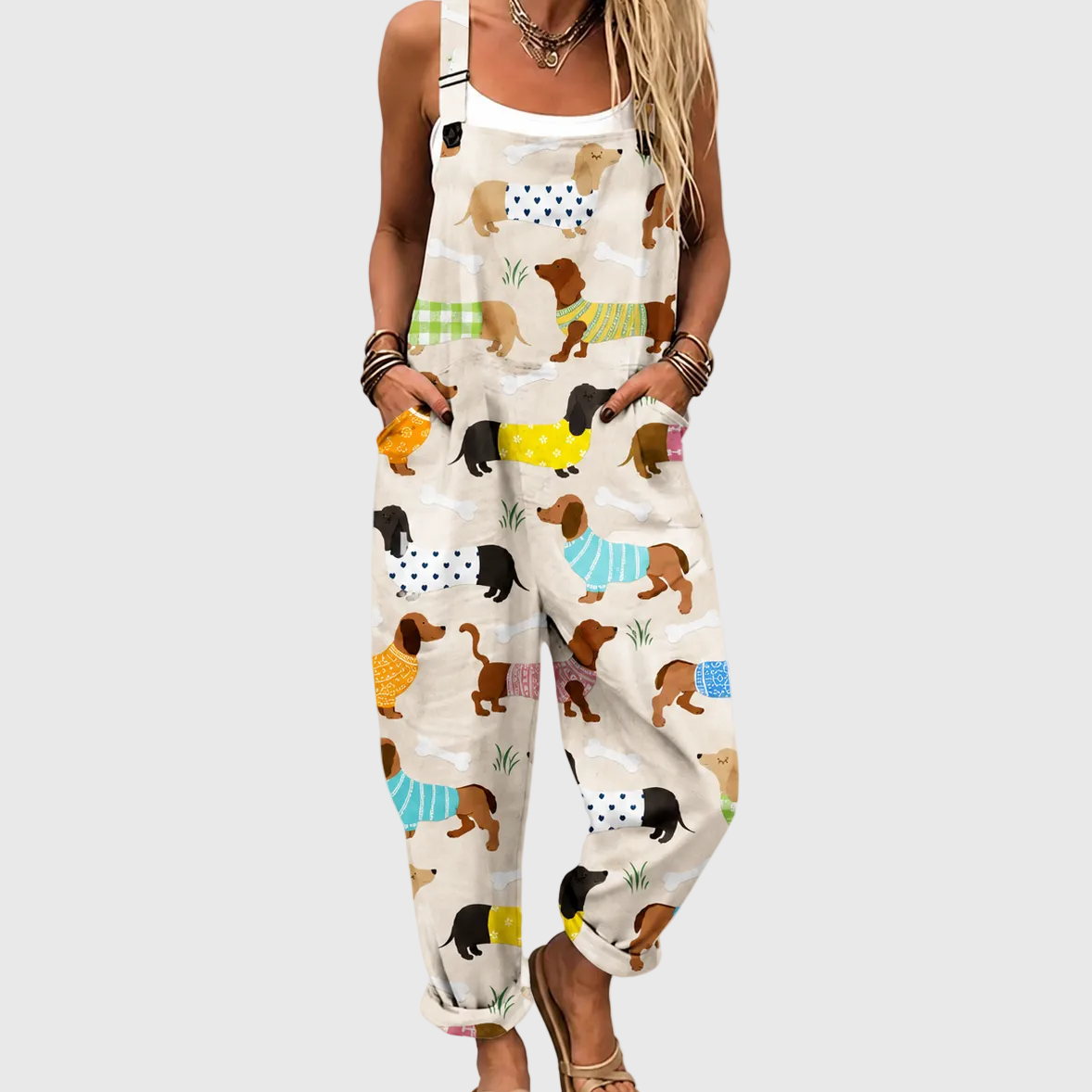 Dog Print Sleeveless Pocket Overall Jumpsuit