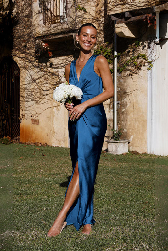 Satin Sleeveless Gathered Waist Column Slip Maxi Dress