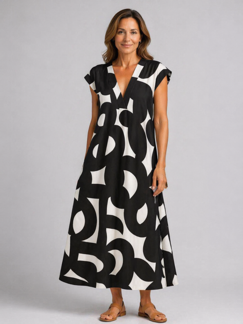 Geometric Print V-Neck Cap Sleeve A-Line Maxi Dress