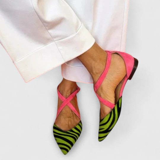 Zebra Print Pointed Toe Cross Strap Flats