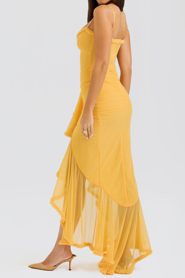 Chiffon Spaghetti Strap Sweetheart Ruched Cascading Ruffle High Low Gown