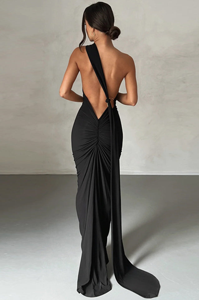 One Shoulder Ruched Open Back Trailing Sash Floor Length Gown