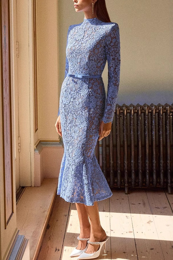 Lace Mock Neck Long Sleeve Bow Belted Mermaid Hem Midi Dress