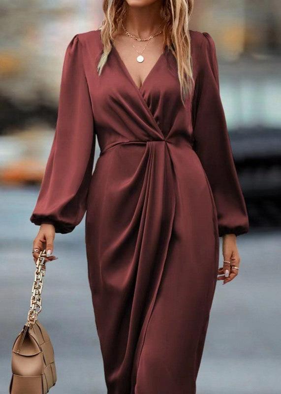 Refined Red Draped V-Neck Midi Dress