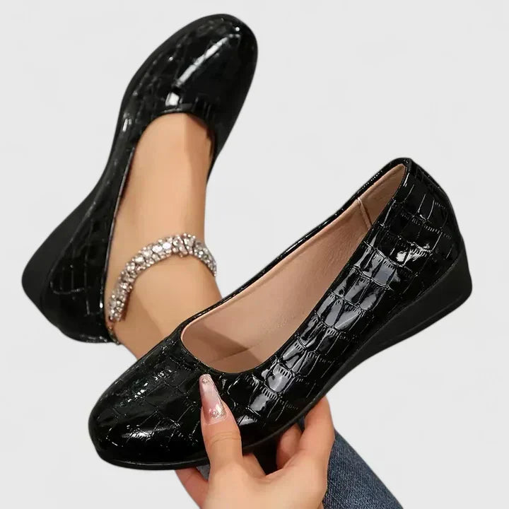 Croc Print Square Toe Slip On Wedge Pumps