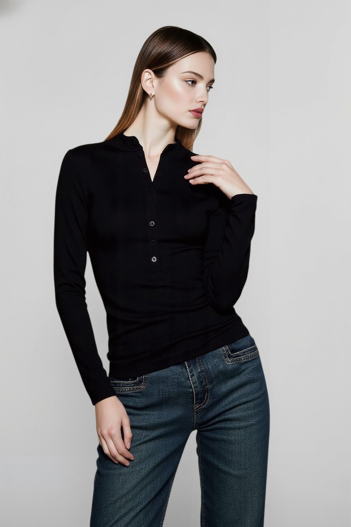 Henley Button Placket Ribbed Long Sleeve Fitted Top 2