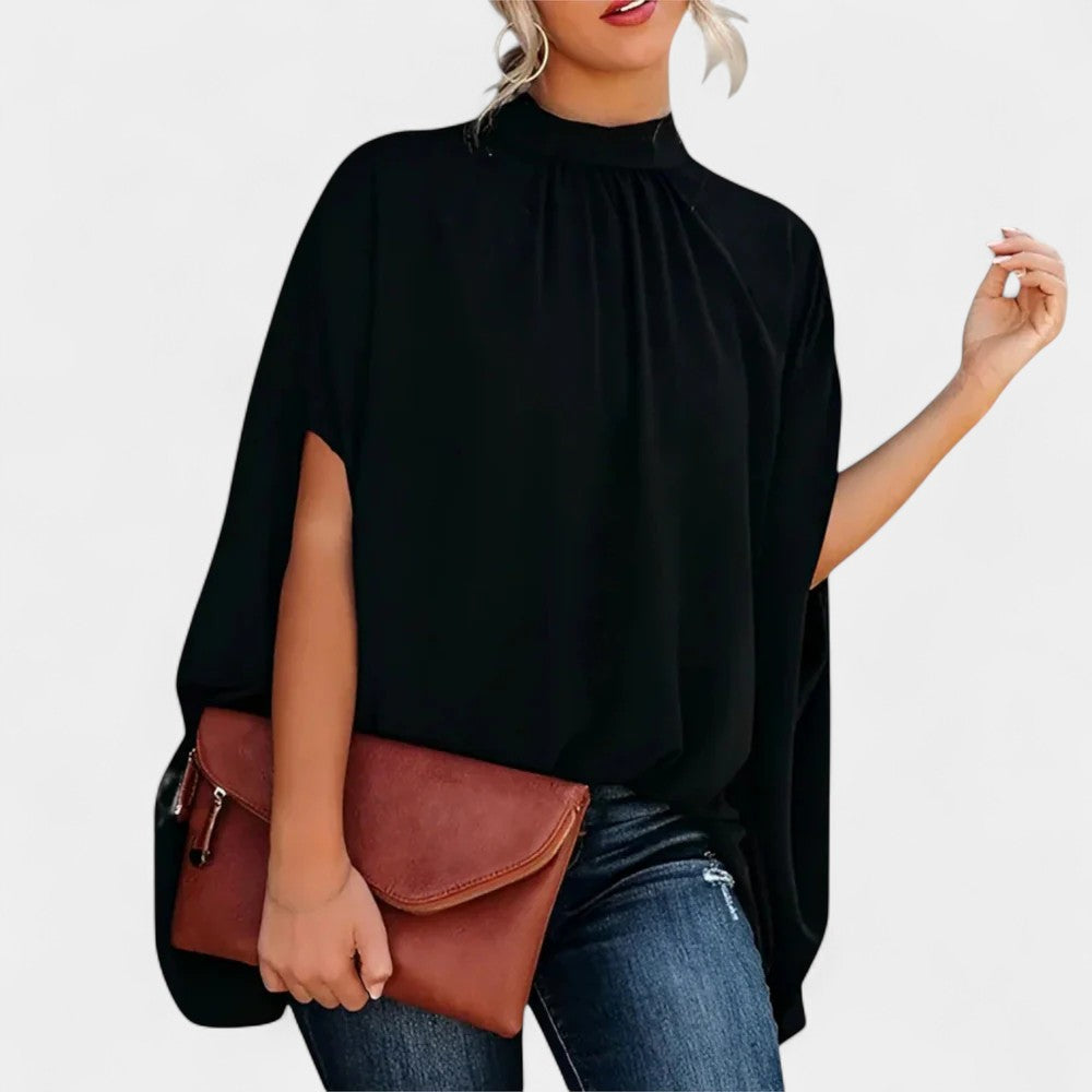 Abstract Face Print Mock Neck Batwing Sleeve Blouse 5