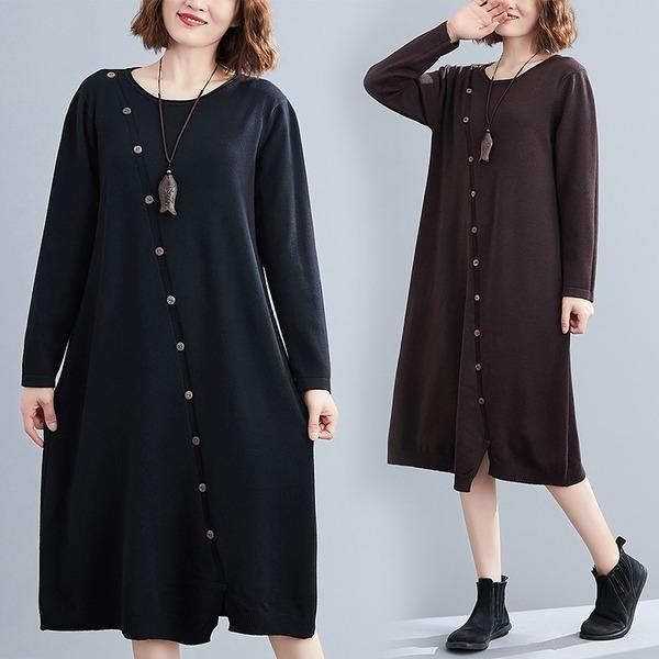 long sleeve plus size knitted vintage women causal loose midi autumn winter sweater dress