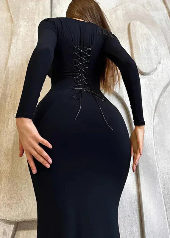 Black Slim-Fit Lace-Up Backless Long-Sleeve Dress 7