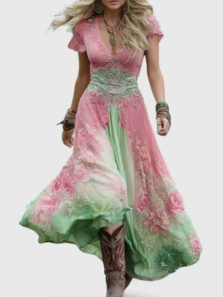 V-Neck Short Sleeve Floral Embellished Waist Maxi Dress