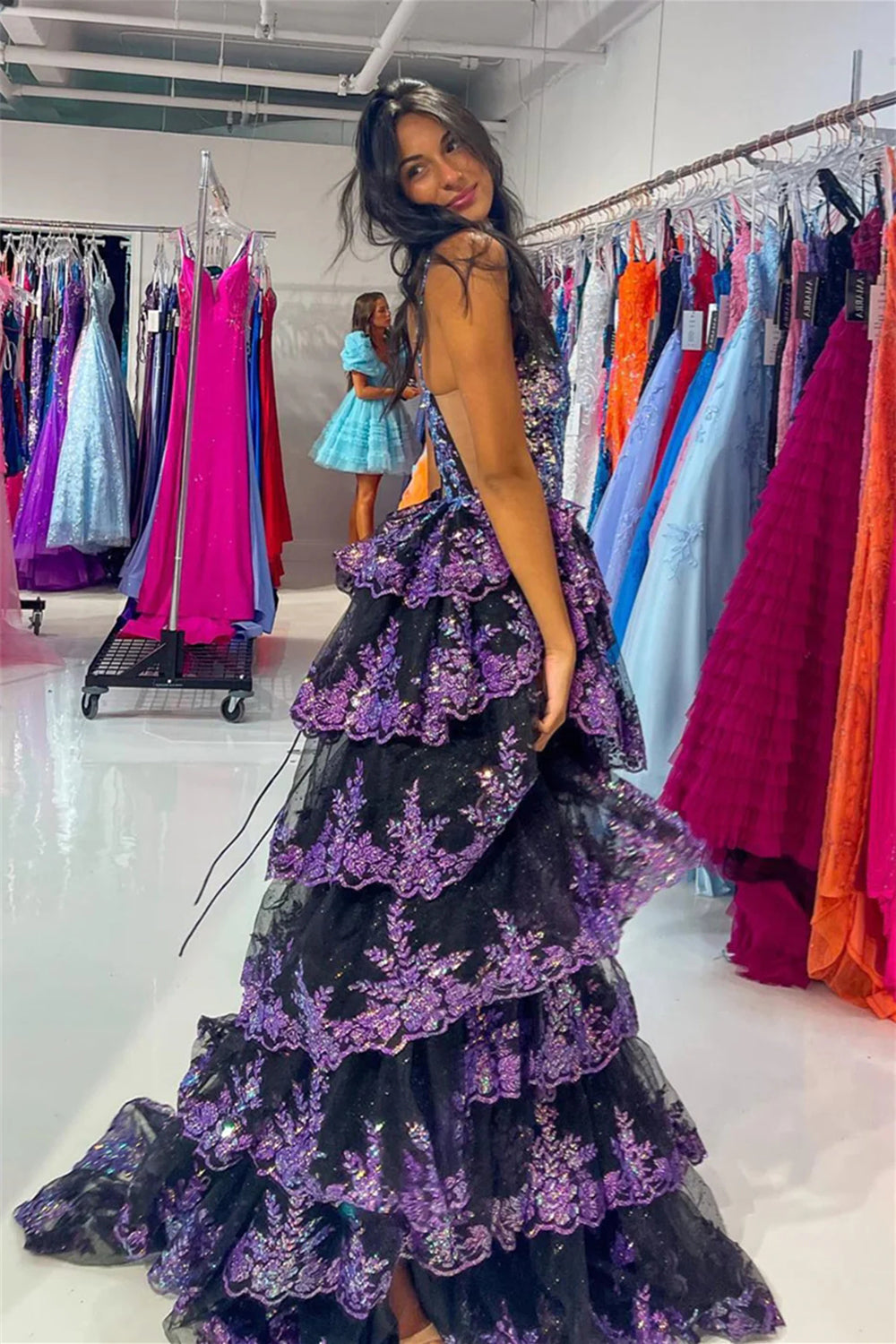 Luxurious A Line Spaghetti Straps Black Corset Prom Dress with Ruffles