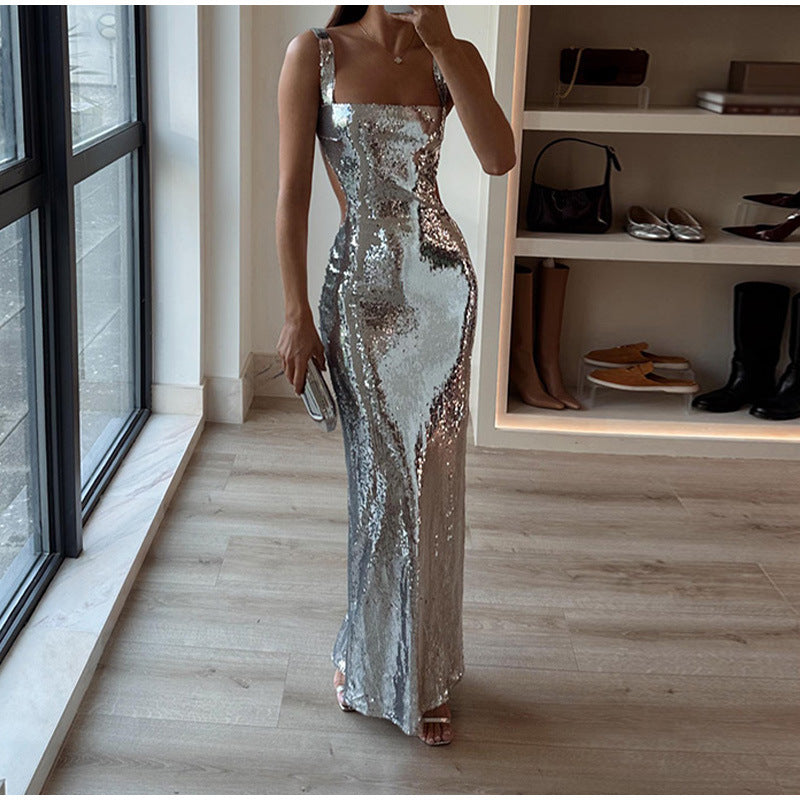 Sequin Square Neck Cut Out Backless Mermaid Maxi Dress