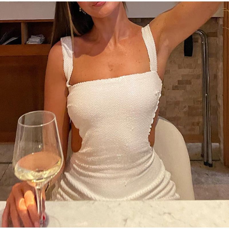 Sequin Square Neck Cut Out Backless Mermaid Maxi Dress