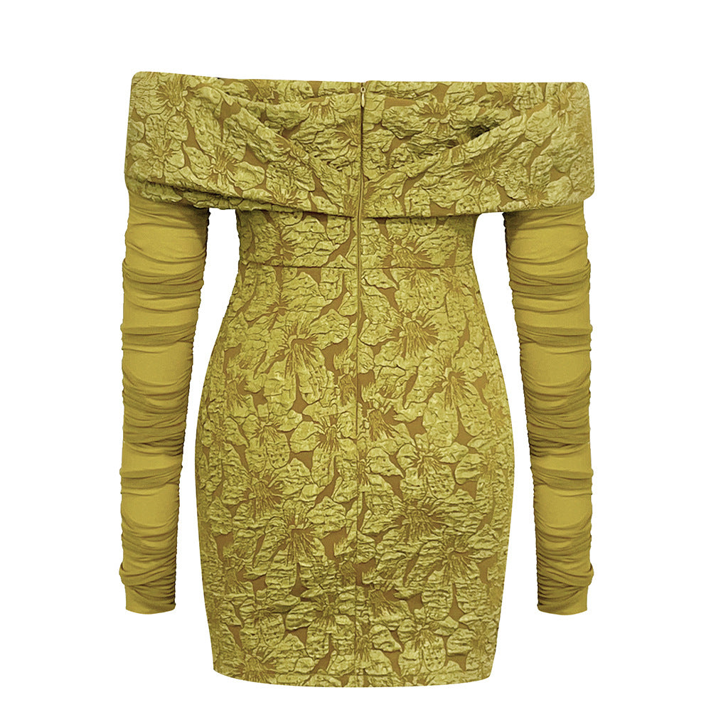 Off Shoulder Floral Jacquard Fold Over Mesh Long Sleeve Ruched Mini Dress 9