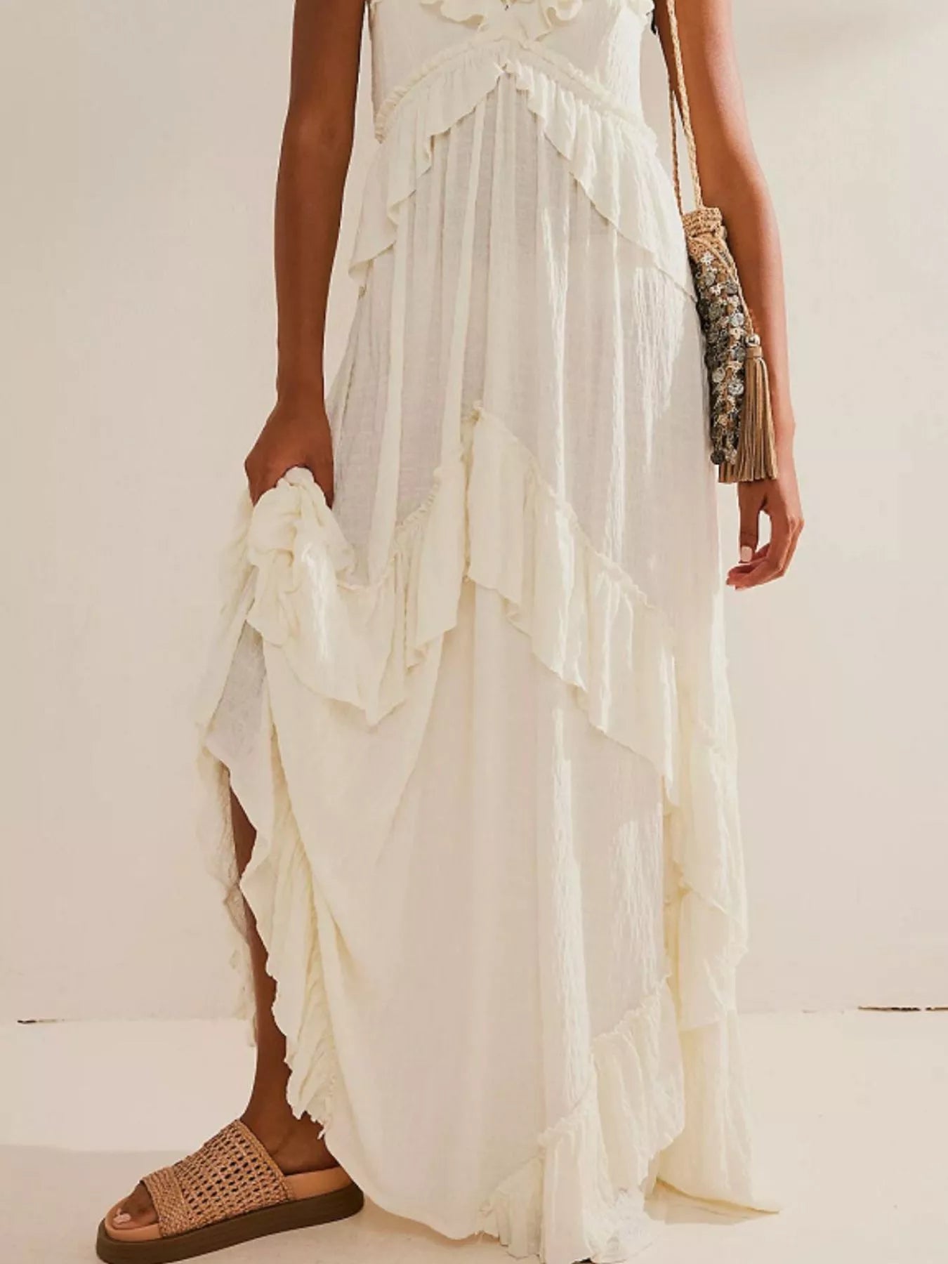 Halter Neck Deep V-Neck Ruffle Tiered Backless Maxi Dress 10