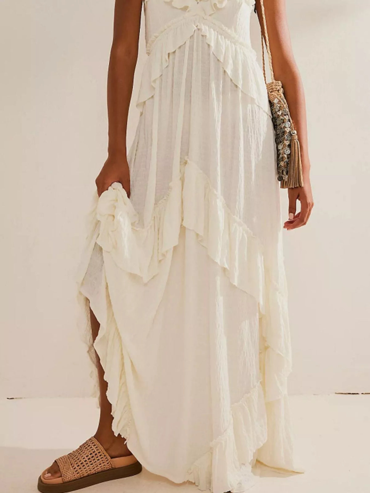 Halter Neck Deep V-Neck Ruffle Tiered Backless Maxi Dress 10