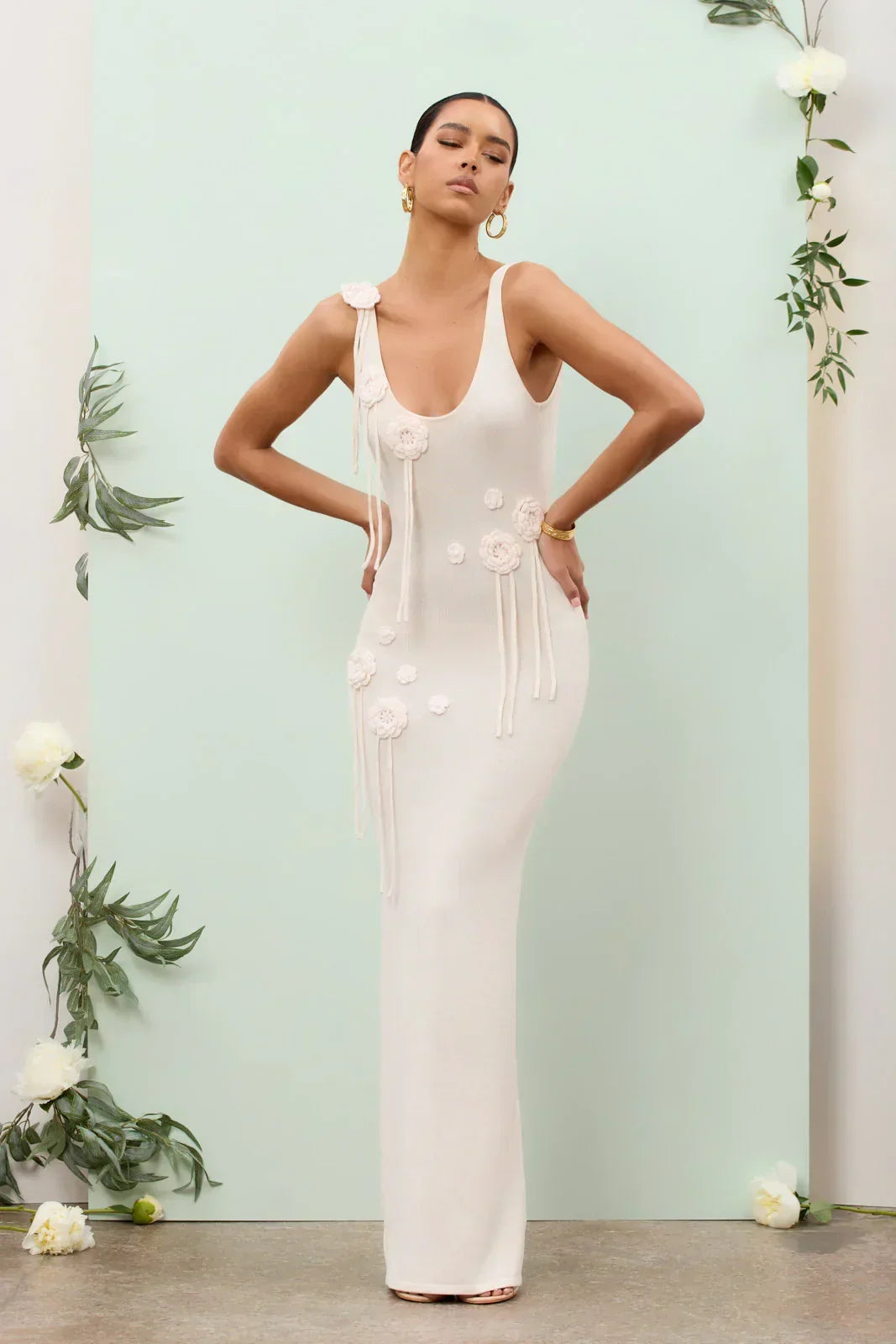 Knit Scoop Neck Sleeveless Crochet Rosette Tassel Maxi Dress 11