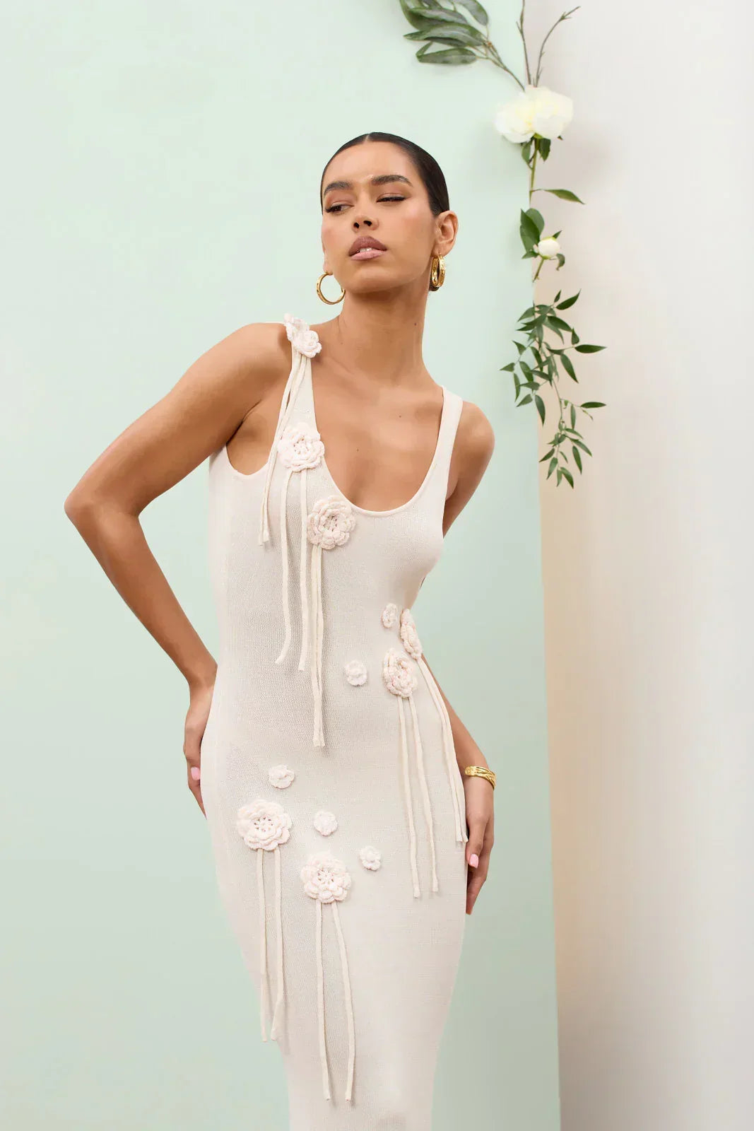 Knit Scoop Neck Sleeveless Crochet Rosette Tassel Maxi Dress 17