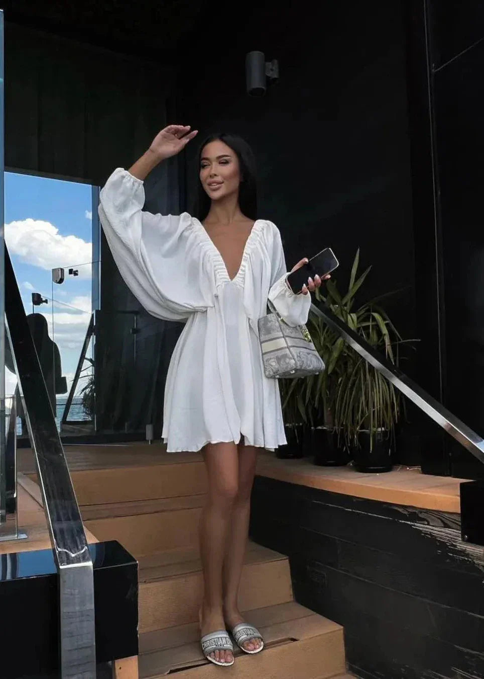 Elegant V Neck Lantern Sleeve Dress