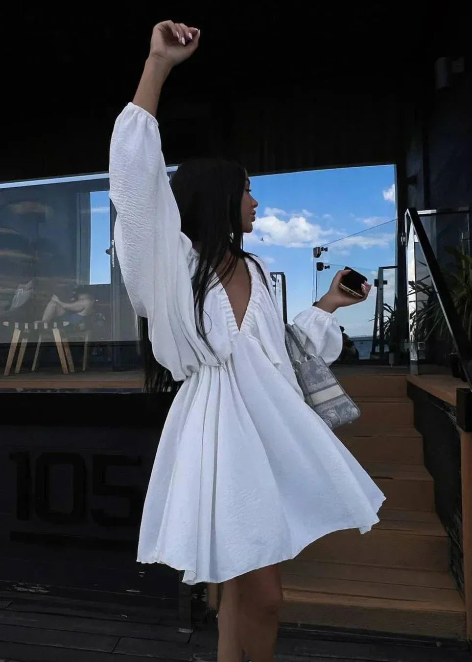 Elegant V Neck Lantern Sleeve Dress