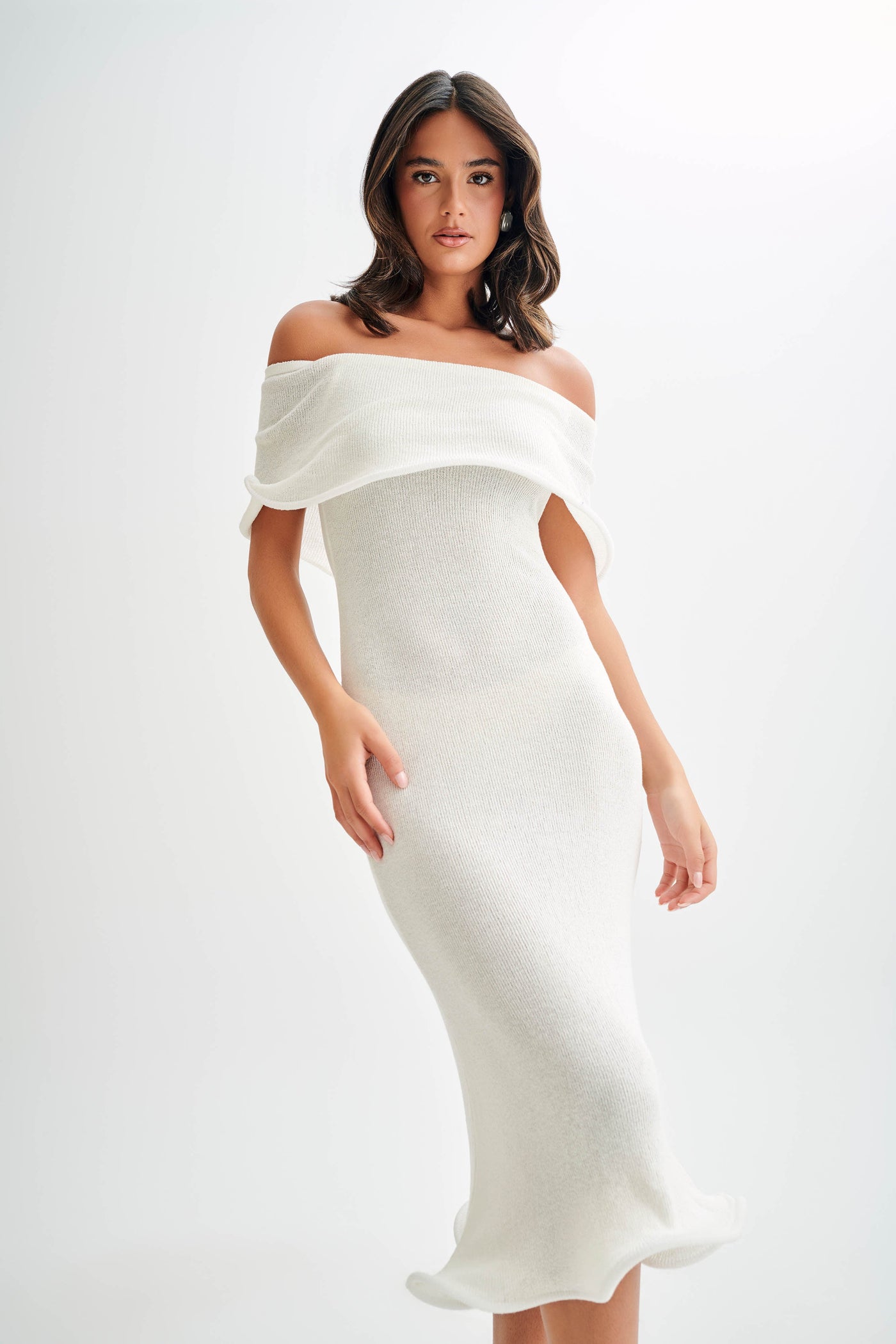 Knit Off Shoulder Short Sleeve Bodycon Midi Dress