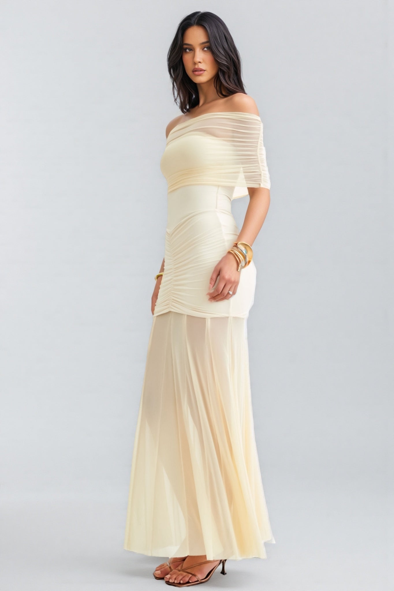 Vashad White Mesh Off Shoulder Maxi Dress - View 3