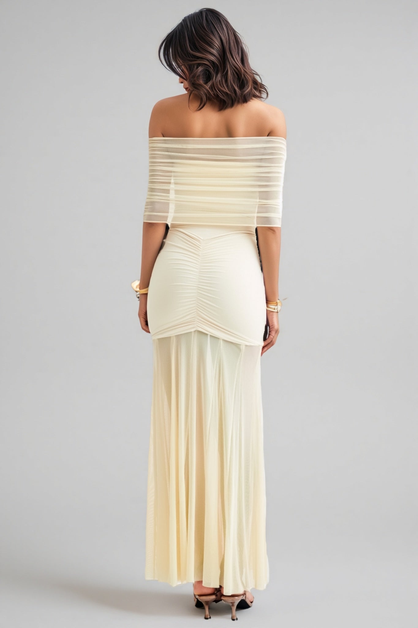 Vashad White Mesh Off Shoulder Maxi Dress - View 4