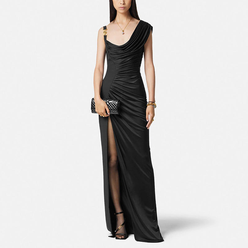 Draped Cowl Neck Asymmetric Ruched High Split Maxi Dress 2
