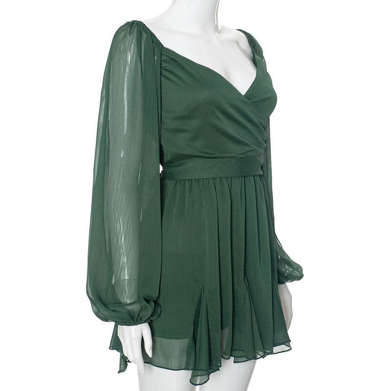 Chiffon Wrap V-Neck Split Balloon Sleeve Tie Waist Ruffle Mini Dress 13
