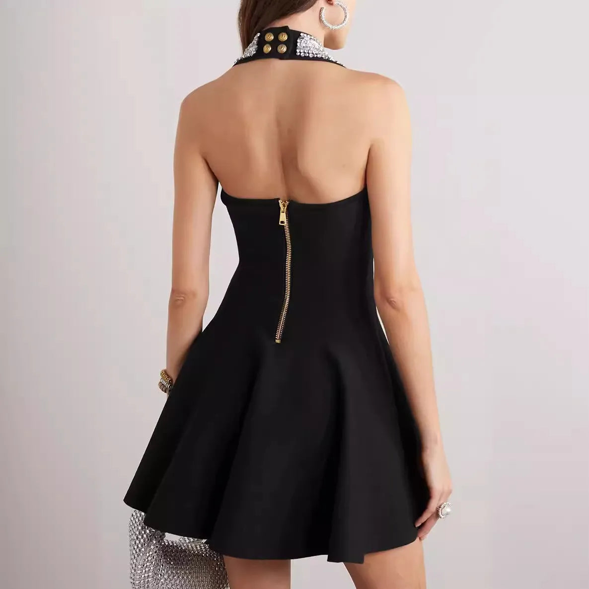 Rhinestone Strap Halter Sweetheart Button Front Skater Mini Dress 12