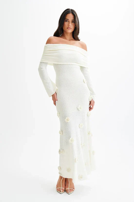 Off Shoulder Long Sleeve Knit Rosette Applique Maxi Dress 6