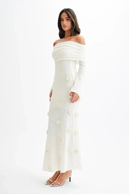 Off Shoulder Long Sleeve Knit Rosette Applique Maxi Dress 5